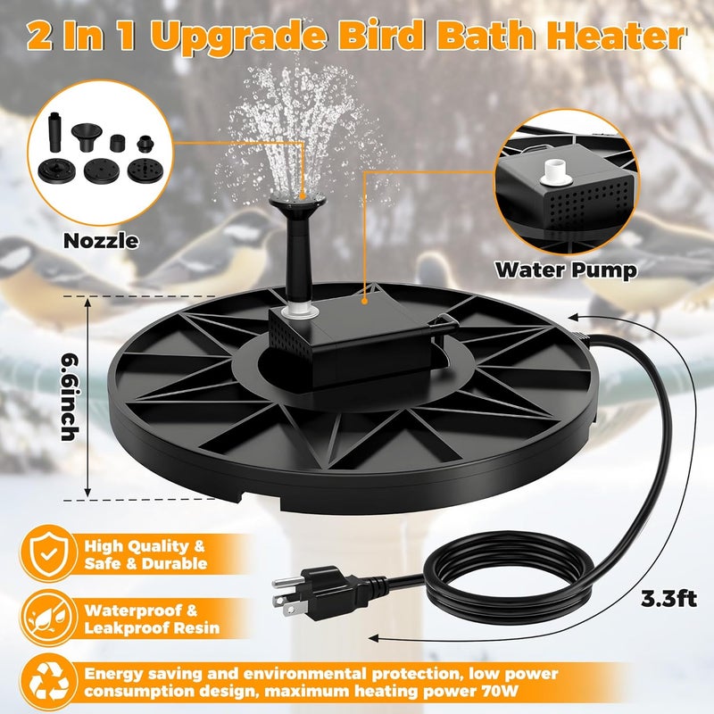 Loyala Bird Bath Heater, 70W Submersible Pond Deicer Bird Bath Deicer Birdbath Water Heater Thermostatic Control Power Saving for Outdoors in Winter (with Water Pump) - Image 3